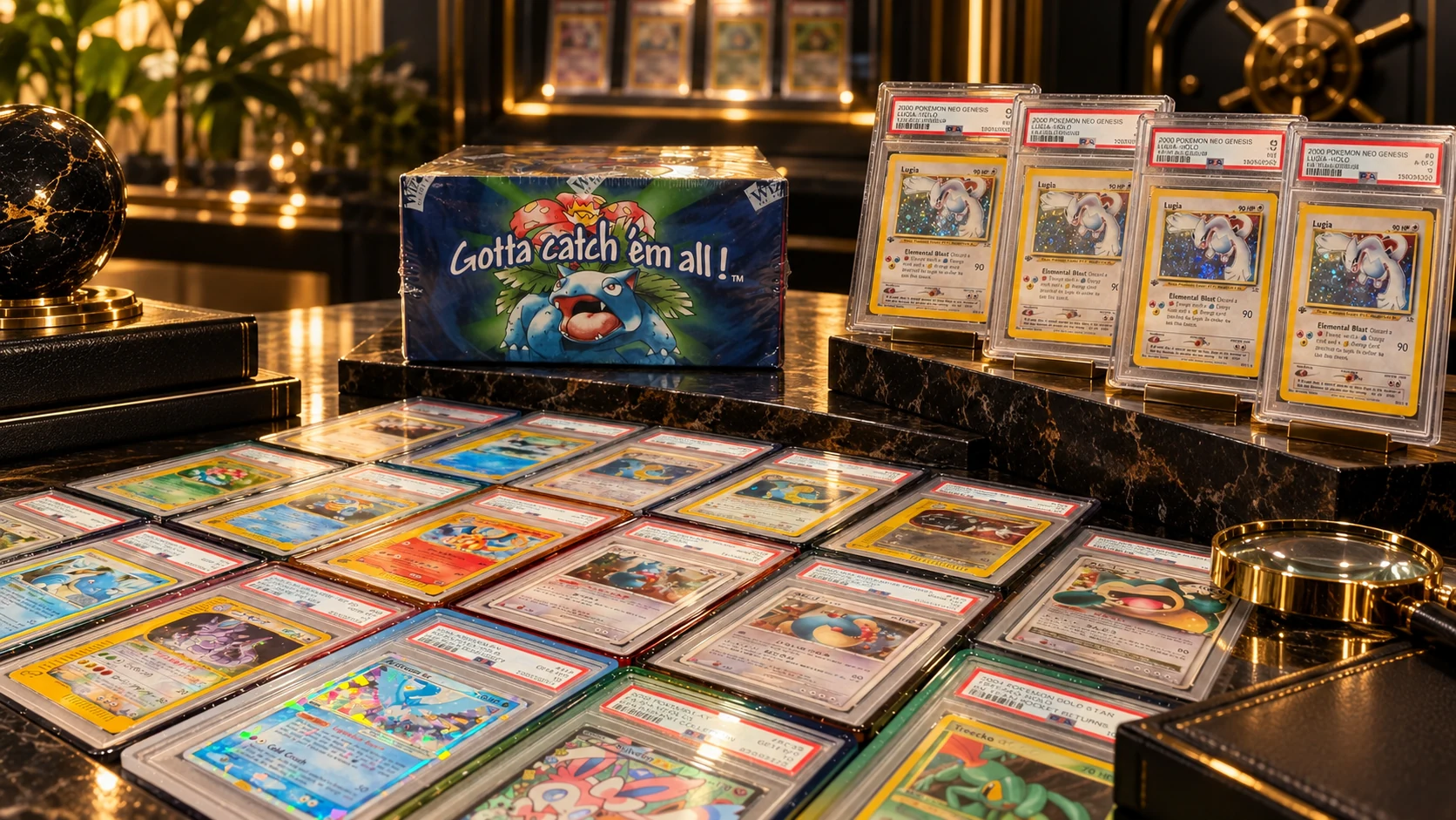 Concept showcase of Pokémon slabs and a vintage booster box in a gold-accented display