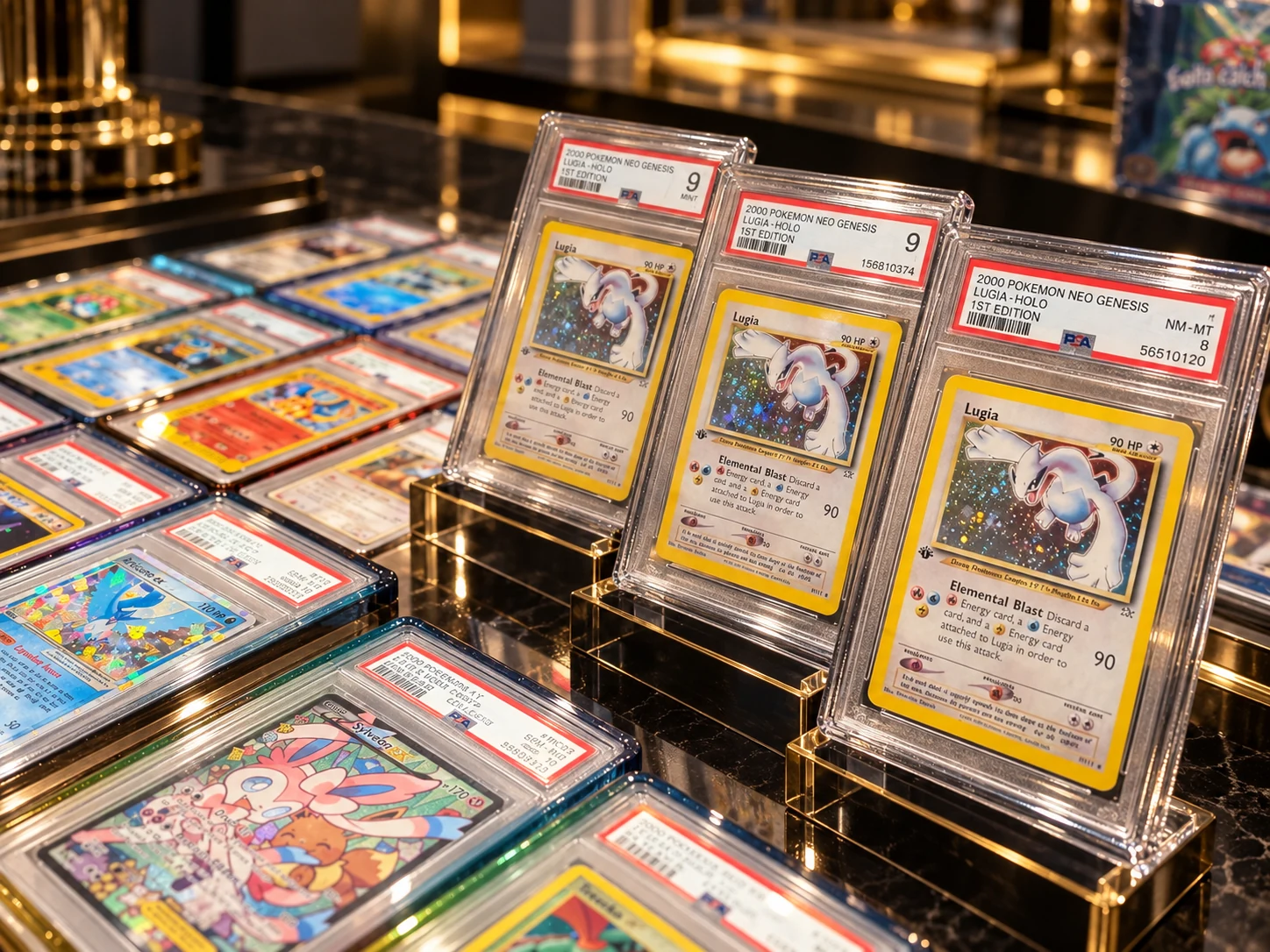Illustrative display of Pokémon slabs on gold-trimmed stands