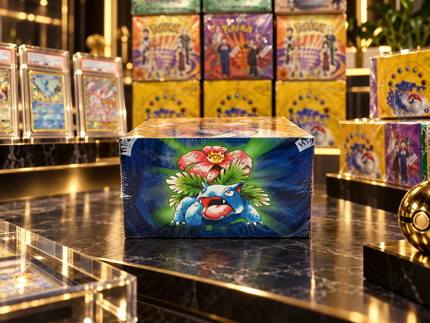 Concept showcase of a vintage Pokémon booster box in a gold-lit collectible display